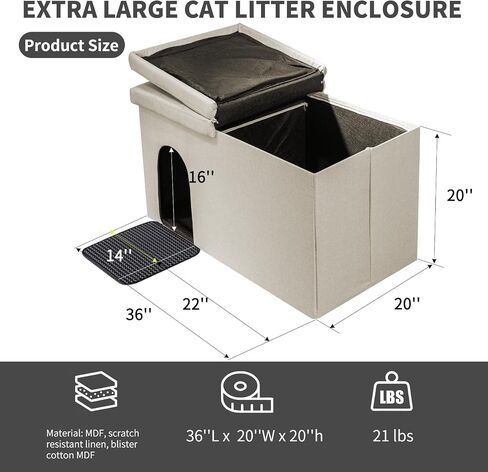 Cat Litter Box Enclosure Furniture Hidden, 3 In1 Cat Litter Box Enclosure Ottoman, 36'' Large Hidden Litter Boxes for Indoor Cats, Waterproof Inside, Easy Clean, Easy Assembly, Odor Isolate (Grey) in Saudi Arabia