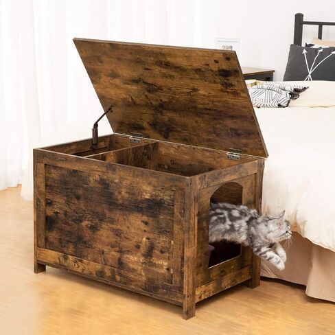 صندوق فضلات القطط المخفي من هوبلو، مقعد قابل للطي علوي لغرفة الاستحمام للقطط الصغيرة، منزل كبير للقطط البرتقالية السمينة، يناسب معظم صناديق القمامة، هيكل خشبي مع فاصل، بني ريفي BF02MW01 in Kuwait