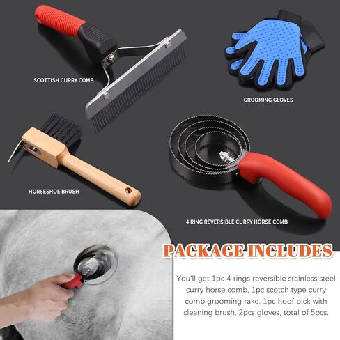 Tanstic 3Pcs 4 Rings Reversible Stainless Steel Curry Comb Curry Horse Brush and Rubber Curry Horse Brush with 6-in-1 Shedding Grooming Massage Brush for Horse Dog Sheep in Saudi Arabia