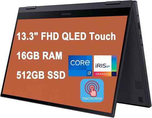 Samsung Galaxy Book Flex2 Alpha 2-in-1 13 Laptop 13.3" FHD QLED Touchscreen 11th Gen Intel Quad-Core i7-1165G7 16GB RAM 512GB SSD Backlit Keyboard Fingerprint USB-C Dolby Atmos Win10 Black in Saudi Arabia