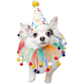 Pet Krewe Dog Clown Costume Happy Birthday Hat & Collar Outfit | 1st Bday Party, National Cat Day, Photo Shoots & Celebrations | Doggie & Puppy Clothes | Ideal Gift for Small, Medium & Large Pets