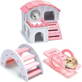 3 Pieces Fun Hamster Toys Guinea Pig Hideout Include PVC Hamster House, Rainbow Bridge, Hamster Seesaw Toy DIY Exercise Play Toys for Small Hamsters (Pink,Small)