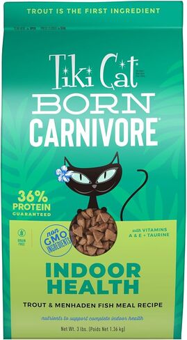 Tiki Cat Born Carnivore High Protein Indoor Health Non-GMO Dry Cat Food, Trout and Menhaden Fish Meal Recipe 3 lbs. Bag in Kuwait