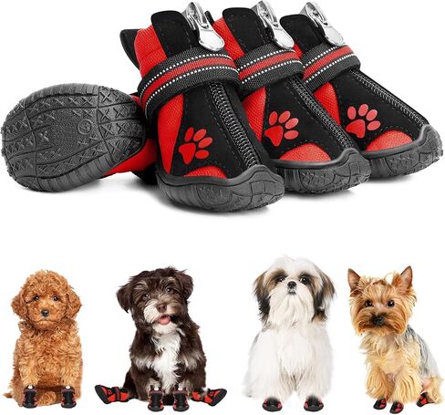 DcOaGt Dog Boots & Paw Protectors for Hot Pavement Winter Snow, Anti-Slip Puppy Booties for Hiking Walking, Waterproof Breathable and Reflective Dog Shoes for Small Size Dogs 4PCS in Saudi Arabia