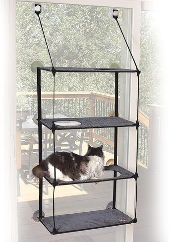 K&H PET Products سرير للقطط بعتبة النافذة، أرجوحة نافذة للقطط، مجثم نافذة للقطط قوي للقطط الكبيرة، سرير نافذة للقطط، أثاث للقطط، أرجوحة للقطط لنافذة قطط، رف للقطط - رمادي رباعي المكدس in Kuwait