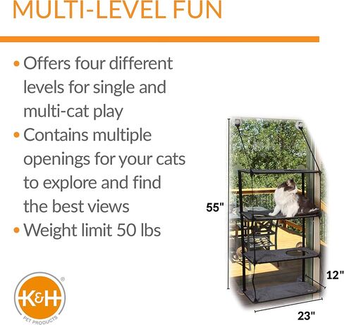 K&H PET Products سرير للقطط بعتبة النافذة، أرجوحة نافذة للقطط، مجثم نافذة للقطط قوي للقطط الكبيرة، سرير نافذة للقطط، أثاث للقطط، أرجوحة للقطط لنافذة قطط، رف للقطط - رمادي رباعي المكدس in Kuwait