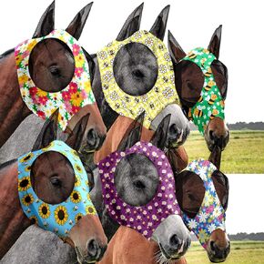 Chunful 6 Pcs Horse Fly Masks with Ears Smooth and Comfortable Cashel Mesh Fly Mask Elasticity Breathability UV Protection Horse Face Covering for Riding Supplies(Tie Dye,Large)