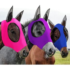 Weewooday 3 Pcs Horse Fly Masks for Horses Fly Masks with Ears Smooth and Elasticity Fly Mask with UV Protection(M,Black,Gray,Blue)