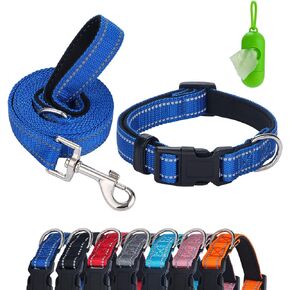Reflective Dog Collar and Leash Set with Poop Bags and Dispenser,Adjustable Nylon Dog Collars for Small Medium Large Dogs,Comfortable Padded with Soft Neoprene Breathable (Small, Gray)