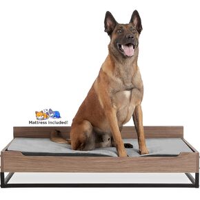 Wooden Dog Bed and Dog Couch with Water-Resistant Mattress, Large to Extra Large Elevated Pet Bed with Calming Mattress, Greenguard Gold Certified, Dog Beds & Furniture, Milo, Walnut