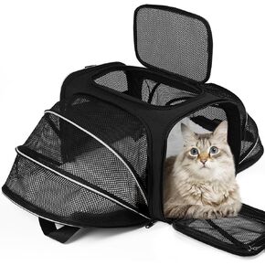 Airline Approved Pet Carrier, Soft Sided Portable Pet Travel Carrier 2 Sides Expandable Cat Carrier with Removable Fleece Pad,Safety Leash and Shoulder Strap,Dog and Small Animal(Black)