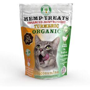 Organic Hemp Cat Treats with Turmeric, Advanced Hip & Joint Support with Glucosamine, MSM, Natural Calming Aid, Anxiety Relief, Made in USA, 30 Hemp Chews (Chicken Flavor) in Saudi Arabia