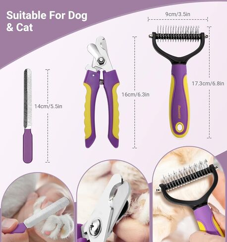 Faveetie Pet Grooming Brush - Double Sided Shedding Dematting Undercoat Rake Comb - Deshedding Brush for Dogs and Cats, Mats & Tangles Removing, Pet Nail Clippers Grooming Tool 3 PCS kit, Extra Wide in Kuwait