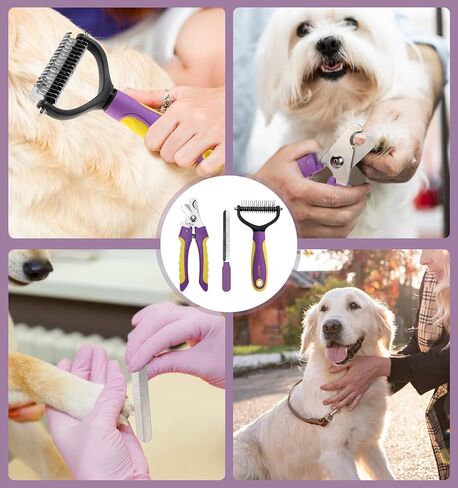 Faveetie Pet Grooming Brush - Double Sided Shedding Dematting Undercoat Rake Comb - Deshedding Brush for Dogs and Cats, Mats & Tangles Removing, Pet Nail Clippers Grooming Tool 3 PCS kit, Extra Wide in Kuwait