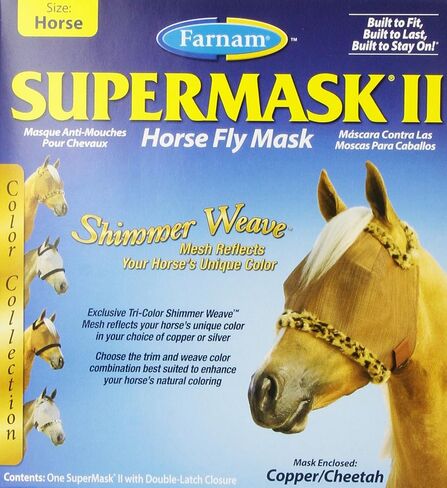 Farnam SuperMask II Shimmer Weave Mesh Horse Fly Mask Without Ears, Eye Protection from Insect Pests, Soft Silver Mesh with Black Plush Trim, Horse Size in Kuwait