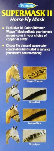 Farnam SuperMask II Shimmer Weave Mesh Horse Fly Mask Without Ears, Eye Protection from Insect Pests, Soft Silver Mesh with Black Plush Trim, Horse Size in Kuwait