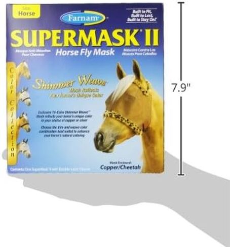 Farnam SuperMask II Shimmer Weave Mesh Horse Fly Mask Without Ears, Eye Protection from Insect Pests, Soft Silver Mesh with Black Plush Trim, Horse Size in Kuwait