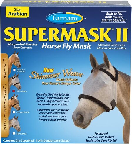 Farnam SuperMask II Shimmer Weave Mesh Horse Fly Mask Without Ears, Eye Protection from Insect Pests, Soft Silver Mesh with Black Plush Trim, Horse Size in Kuwait