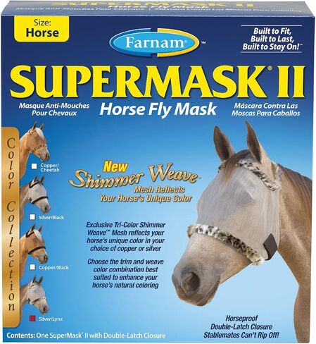 Farnam SuperMask II Shimmer Weave Mesh Horse Fly Mask Without Ears, Eye Protection from Insect Pests, Soft Silver Mesh with Black Plush Trim, Horse Size in Kuwait