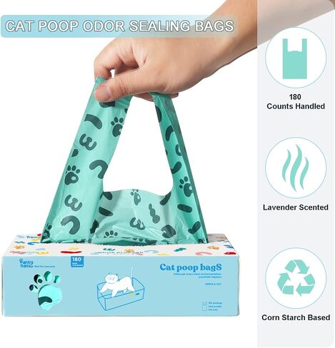 Cat Poop Odor Sealing Bag - PAWSHOLIC Cat Waste Litter Tie Bags with Handle, Blue Cornstarch Leak Proof Disposal Eco Friendly Poop Pick Up Bag (180PCS/Box, Lavender) in Kuwait