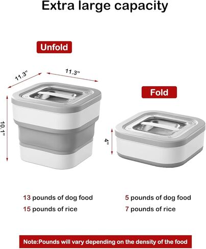 حاوية تخزين طعام الكلاب سعة 13 رطلًا من جيففو، حاوية طعام الحيوانات الأليفة قابلة للطي مع غطاء منزلق، حاويات طعام الكلاب مع مغرفة طعام جاف للقطط ومعظم الحيوانات الأليفة، رمادي 10-13 رطل in Kuwait