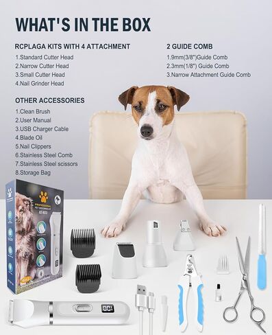 ار سي بلاجا مجموعة تشذيب شعر الكلاب مع شاشة LED، اداة تشذيب مخالب منخفضة الضوضاء - قابلة لاعادة الشحن - ماكينة حلاقة اظافر هادئة لاسلكية للكلاب والقطط والحيوانات الاليفة الاخرى in Kuwait