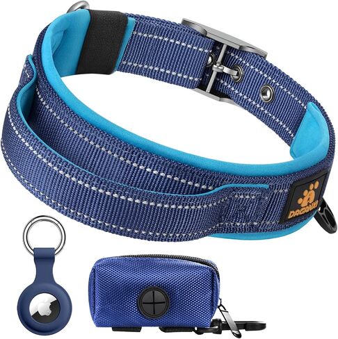 DAGANXI Dog Collar Adjustable Soft Neoprene Padded Breathable Reflective Strip Nylon Collar for Small Medium Large Dogs, with Airtags Case and Dog Poop Bags Dispenser (Large, Red/Black) in Kuwait
