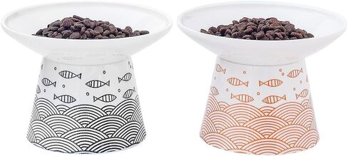 6.25 Inch Extra Wide Elevated Ceramic Cat Bowls, Food and Water Bowl Set for Elder Big Cats Small Dogs, Raised Design for Pet Easy Eating, Protect Cat's Spine, Black & Orange, Set of 2 in Saudi Arabia