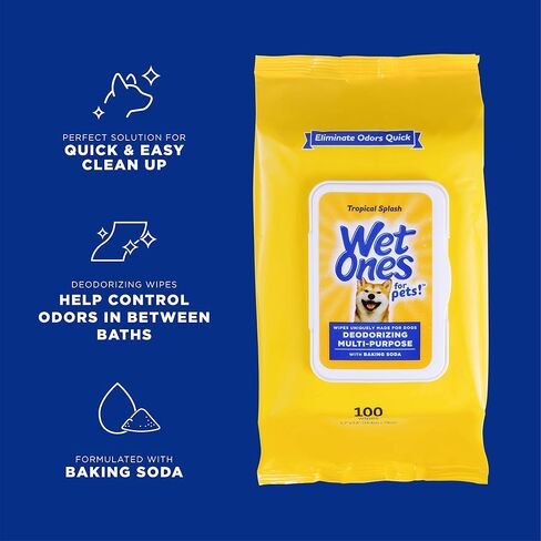 Wet Ones for Pets Desmellizing Multi-Purpose Dog Wipes with Baking Soda Dog Desmellizing Wipes for All Dogs in Tropical Splash Scent, Wet Ones Wipes for Desmellizing Dogs (Pack of 12,1200 Count Total) in Saudi Arabia