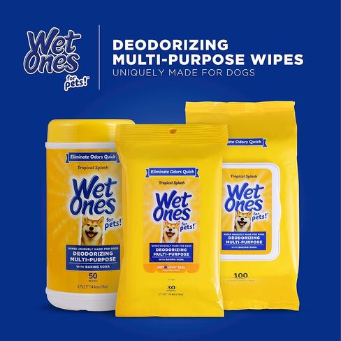 Wet Ones for Pets Desmellizing Multi-Purpose Dog Wipes with Baking Soda Dog Desmellizing Wipes for All Dogs in Tropical Splash Scent, Wet Ones Wipes for Desmellizing Dogs (Pack of 12,1200 Count Total) in Saudi Arabia