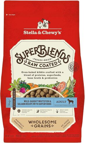 Stella & Chewy's SuperBlends الحبوب الصحية المطلية الخام وصفة السمك الأبيض وسمك السلمون البرية مع الأطعمة الفائقة، 3.5 رطل. حقيبة in Kuwait