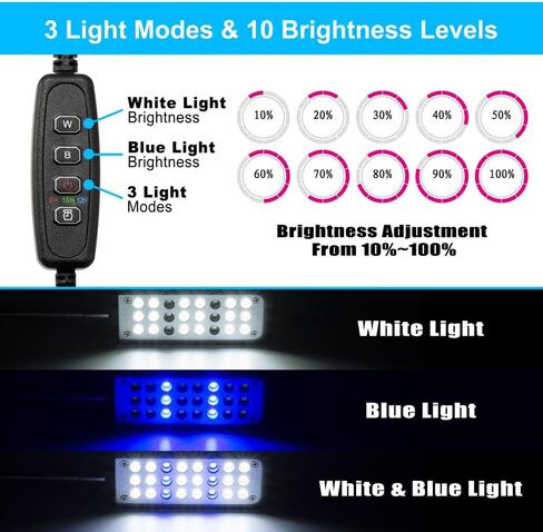 DaToo Aquarium Light Clamp Fish Tank Light أبيض وأزرق LED 3W حوض السمك كليب على الضوء مع 3 أوضاع إضاءة ومؤقت وخافت، ضمان لمدة سنة واحدة in Saudi Arabia