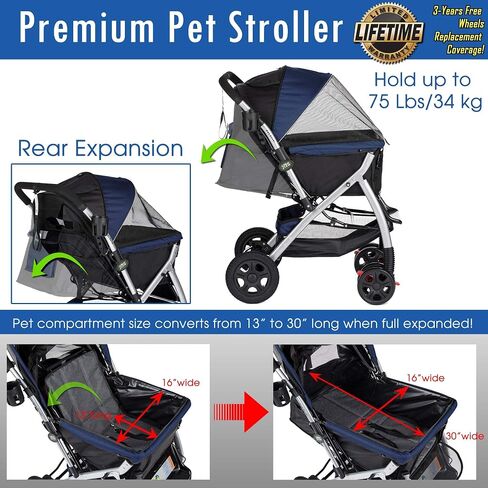 HPZ PET Rover Premium Heavy Duty Dog/Cat/Pet Stroller Travel Carriage with Convertible Compartment/Zipperless Entry/Reversible Handlebar/Pump-Free Rubber Tires for Small, Medium and Large Pets (Blue) in Saudi Arabia