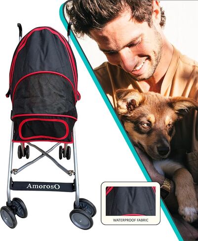 AmorosO Pet Stroller | Dog Stroller & Cat Stroller Polyester, Heavy Duty & Folding Pet Stroller for Travel | Mesh Viewing Window | Water-Proof and Stain-Proof | Indoor & Outdoor | Black/Red in Kuwait