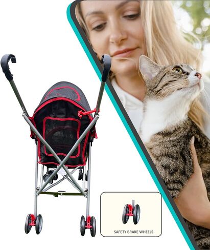AmorosO Pet Stroller | Dog Stroller & Cat Stroller Polyester, Heavy Duty & Folding Pet Stroller for Travel | Mesh Viewing Window | Water-Proof and Stain-Proof | Indoor & Outdoor | Black/Red in Kuwait