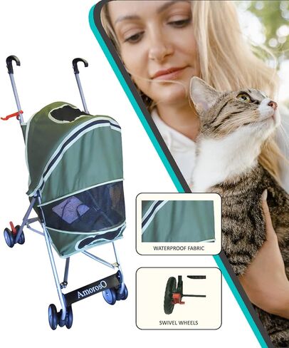 AmorosO Pet Stroller | Dog Stroller & Cat Stroller Polyester, Heavy Duty & Folding Pet Stroller for Travel | Mesh Viewing Window | Water-Proof and Stain-Proof | Indoor & Outdoor | Black/Red in Kuwait