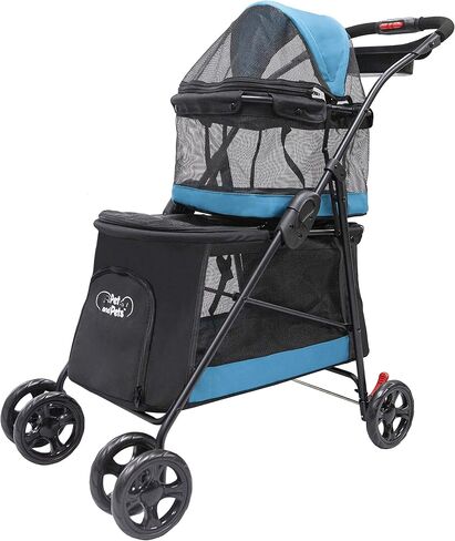 Double Decker Pet Stroller - Black: Dual Bassinets for Multiple Pets, Removable Pee Pads, Adjustable Leashes, Mesh Windows, Swivel Wheel, One-Hand Fold, Lightweight, for Small/Medium Dogs/Cats/Pets in Saudi Arabia