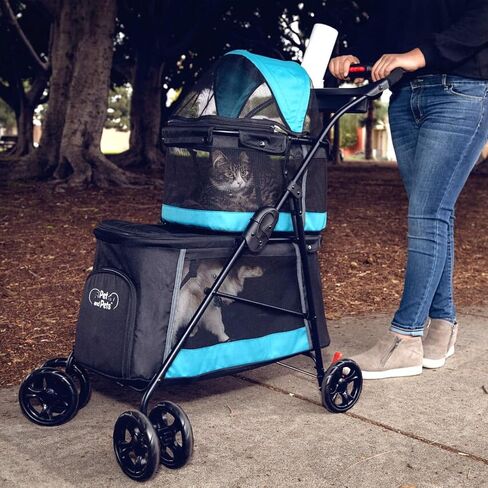 Double Decker Pet Stroller - Black: Dual Bassinets for Multiple Pets, Removable Pee Pads, Adjustable Leashes, Mesh Windows, Swivel Wheel, One-Hand Fold, Lightweight, for Small/Medium Dogs/Cats/Pets in Saudi Arabia