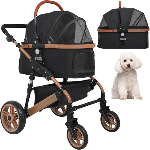 BestPet Pet Stroller Premium 3-in-1 Multifunction 4 wheels Dog Cat Stroller for Large Medium Dogs Cats Aluminium Frame Folding Lightweight Travel Stroller with Detachable Carrier,66lbs Capacity, Black in Kuwait
