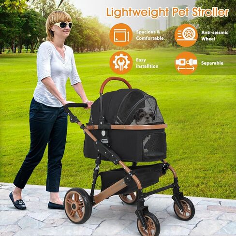 BestPet Pet Stroller Premium 3-in-1 Multifunction 4 wheels Dog Cat Stroller for Large Medium Dogs Cats Aluminium Frame Folding Lightweight Travel Stroller with Detachable Carrier,66lbs Capacity, Black in Kuwait