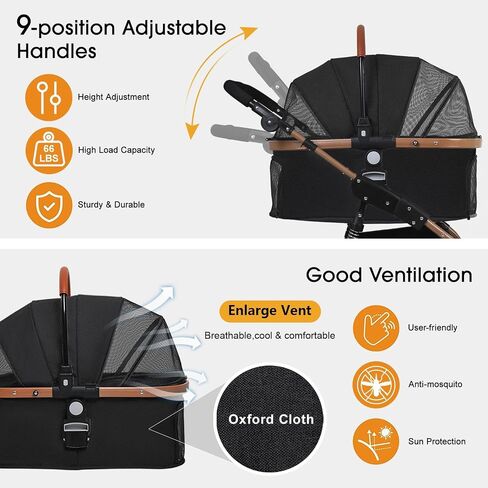 BestPet Pet Stroller Premium 3-in-1 Multifunction 4 wheels Dog Cat Stroller for Large Medium Dogs Cats Aluminium Frame Folding Lightweight Travel Stroller with Detachable Carrier,66lbs Capacity, Black in Kuwait