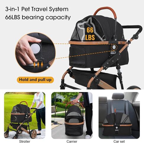 BestPet Pet Stroller Premium 3-in-1 Multifunction 4 wheels Dog Cat Stroller for Large Medium Dogs Cats Aluminium Frame Folding Lightweight Travel Stroller with Detachable Carrier,66lbs Capacity, Black in Kuwait