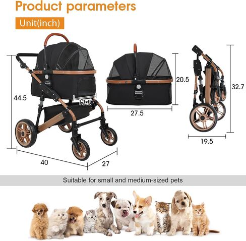 BestPet Pet Stroller Premium 3-in-1 Multifunction 4 wheels Dog Cat Stroller for Large Medium Dogs Cats Aluminium Frame Folding Lightweight Travel Stroller with Detachable Carrier,66lbs Capacity, Black in Kuwait