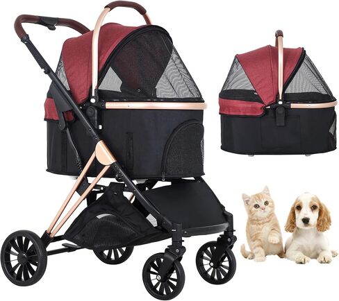 BestPet Pet Stroller Premium 3-in-1 Multifunction 4 wheels Dog Cat Stroller for Large Medium Dogs Cats Aluminium Frame Folding Lightweight Travel Stroller with Detachable Carrier,66lbs Capacity, Black in Kuwait