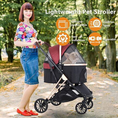 BestPet Pet Stroller Premium 3-in-1 Multifunction 4 wheels Dog Cat Stroller for Large Medium Dogs Cats Aluminium Frame Folding Lightweight Travel Stroller with Detachable Carrier,66lbs Capacity, Black in Kuwait