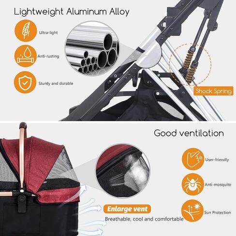 BestPet Pet Stroller Premium 3-in-1 Multifunction 4 wheels Dog Cat Stroller for Large Medium Dogs Cats Aluminium Frame Folding Lightweight Travel Stroller with Detachable Carrier,66lbs Capacity, Black in Kuwait
