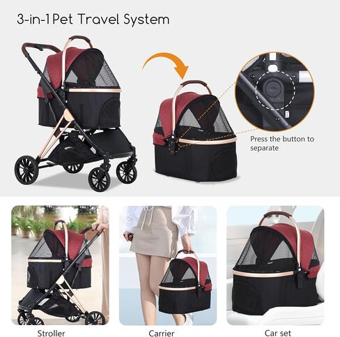 BestPet Pet Stroller Premium 3-in-1 Multifunction 4 wheels Dog Cat Stroller for Large Medium Dogs Cats Aluminium Frame Folding Lightweight Travel Stroller with Detachable Carrier,66lbs Capacity, Black in Kuwait
