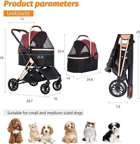BestPet Pet Stroller Premium 3-in-1 Multifunction 4 wheels Dog Cat Stroller for Large Medium Dogs Cats Aluminium Frame Folding Lightweight Travel Stroller with Detachable Carrier,66lbs Capacity, Black in Kuwait