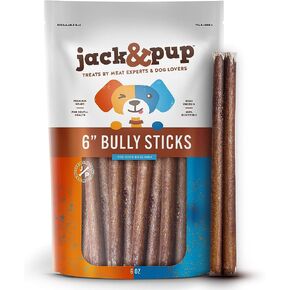 Jack&Pup 6" Bully Sticks Dog Chews | Odor Free Bully Sticks | Single Ingredient, All Natural Pizzle Sticks for Dogs (6oz, 10/12 Sticks)