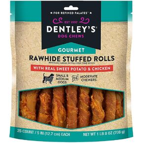 Dentley's Gourmet Rawhide Stuffed Rolls Dog Treats - Sweet Potato & Chicken 25 Rolls Per Pack in Kuwait